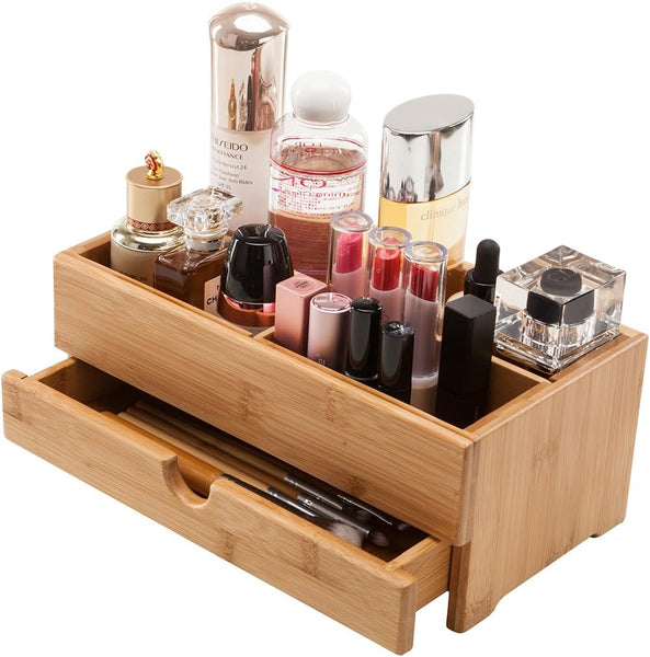 Bamboo Makeup Organizer - Cosmetic Skincare Storage Display Case for  Bathroom Countertop Dresser and Vanity