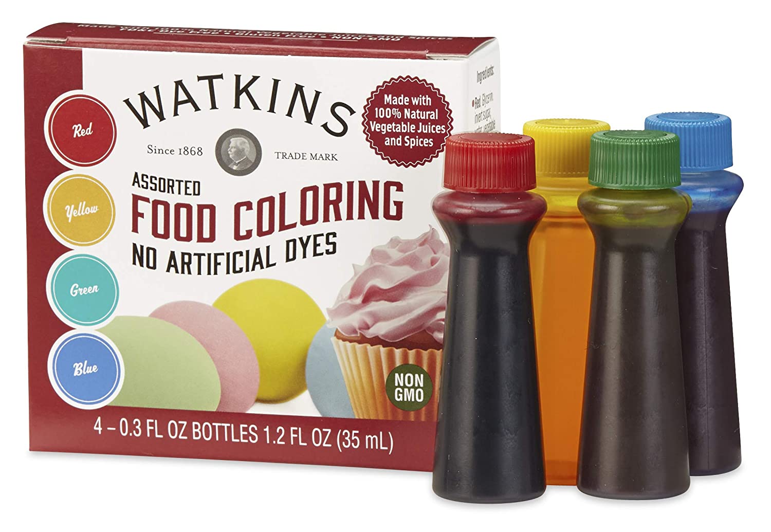 Assorted Natural Food Coloring, 1 Each Red, Yellow, Green, Blue, Total Four .3 oz bottles, Pack of 4 Made in USA - Eco Trade Company