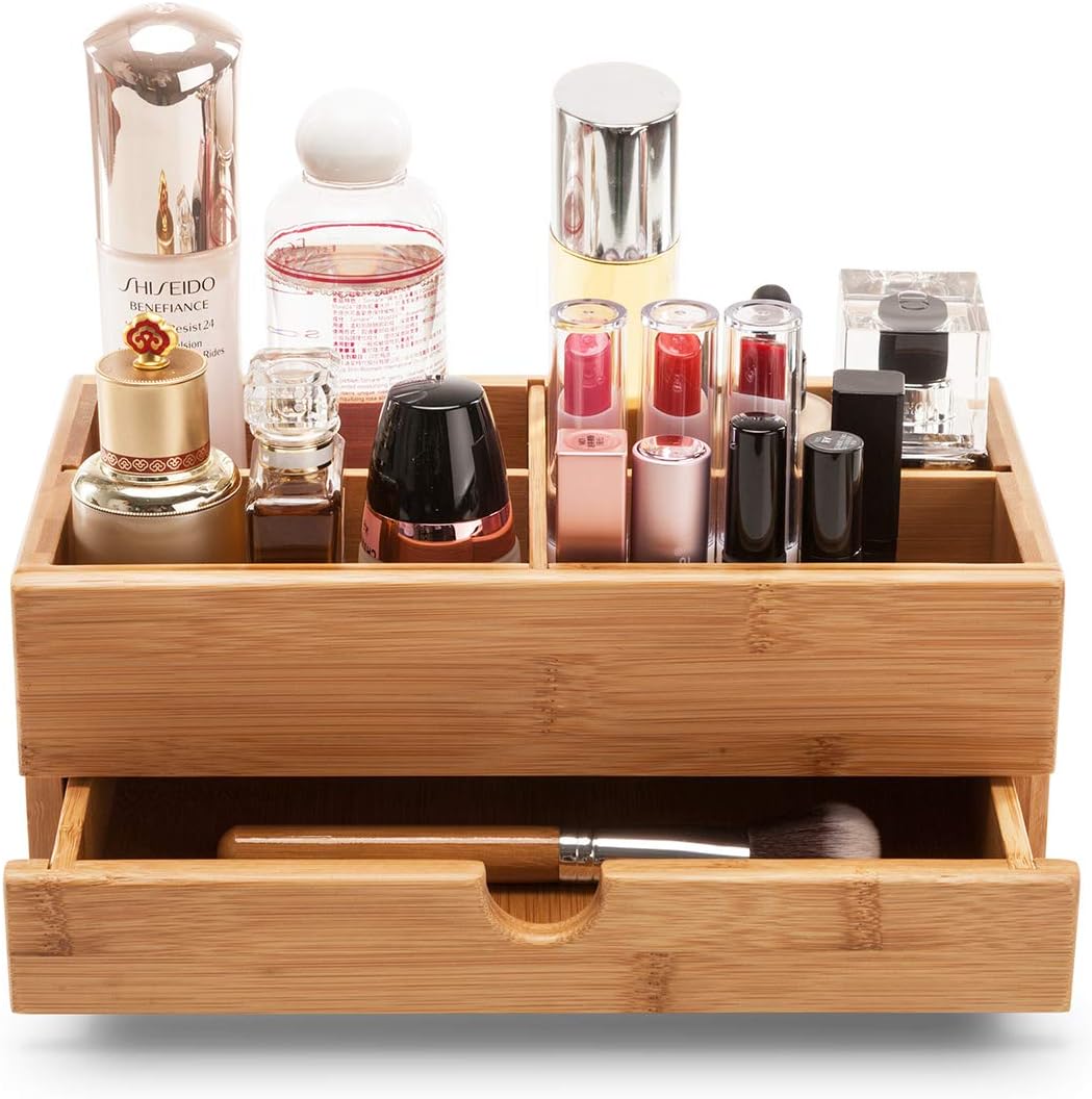 Bamboo Makeup Organizer Cosmetic Skincare Storage Display Case for Bathroom Countertop Dresser