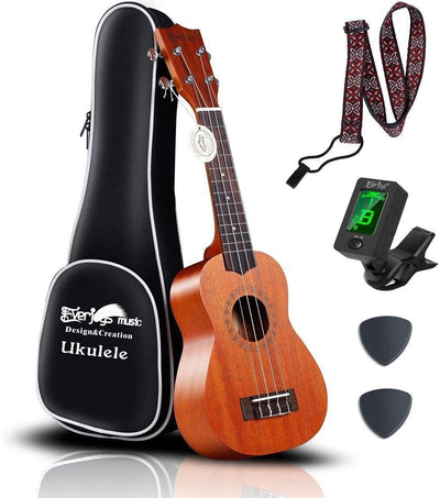 Soprano Ukulele Beginner Pack-21 Inch w/Rainbow String Gig Bag Fast Learn Songbook Digital Tuner All in One Kit - Eco Trade Company