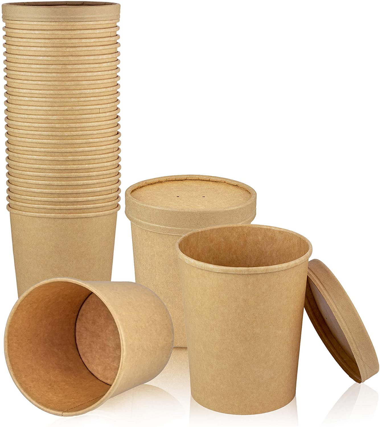 50 Pack, 12 oz Kraft Eco-friendly Compostable Paper Food Cup with Vented Lid, Hot or Cold Dish To Go Packaging, Ramen Soup Stews Salad Container - Eco Trade Company