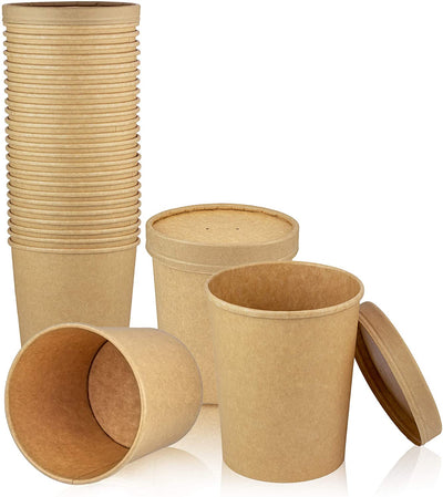 50 Pack, 12 oz Kraft Eco-friendly Compostable Paper Food Cup with Vented Lid, Hot or Cold Dish To Go Packaging, Ramen Soup Stews Salad Container - Eco Trade Company