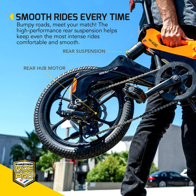 ride eco plus electric bicycle Folding Electric Bike with Removable Battery, Orange/Black, 16" Wheels, 7-Speed