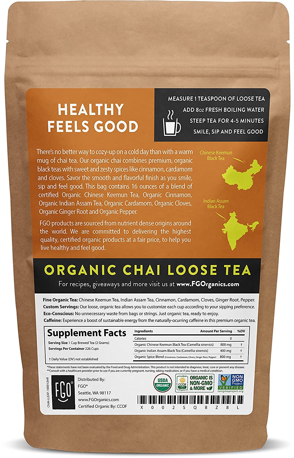 Organic Chai Loose Leaf Tea, Blended in USA, Resealable Kraft Bag - Eco Trade Company