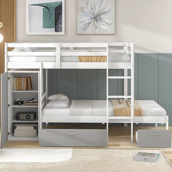 Bunk Beds with Stairs Desk and Seat with 2 Storage Drawers for