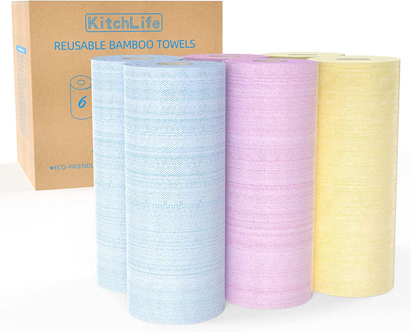 KitchLife Reusable Bamboo Paper Towels - 3 Rolls = 12 Months Supply, Washable and Recycled Paper Rolls, Zero Waste Sustainable, Environmentally