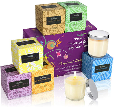 EcoEarth Deluxe Gift Candle Set, 6 oz 6 Pack Eco-Friendly Jar, Natural German Soy Wax Candles Scented w/ US Essential Oils for Stress Relief - Eco Trade Company
