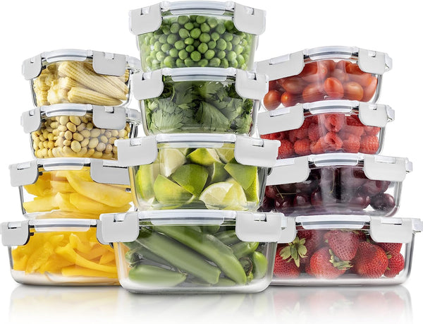 24-Piece Superior Glass Food Storage Container Set - Newly Innovated Hinged  BPA-free Locking lids - 100% Leakproof