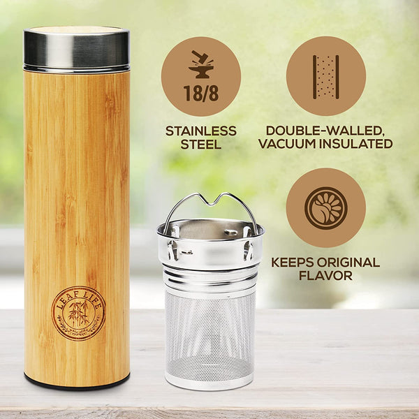 Bamboo Tumbler 16oz - Black  Vacuum Insulated Stainless Steel by