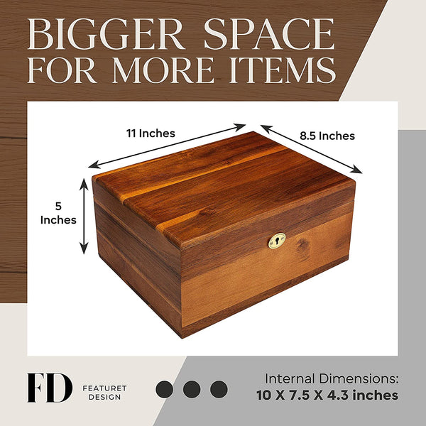 Wooden Storage Box with Hinged Lid and Locking Key, 11 X 8.5 X 5 Inches