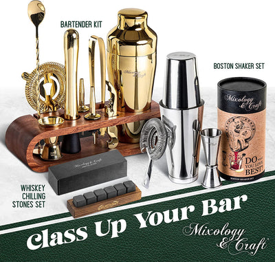 Bartender Kit: 10-Piece Bar Set Cocktail Shaker Set with Stylish Wooden Stand - Eco Trade Company