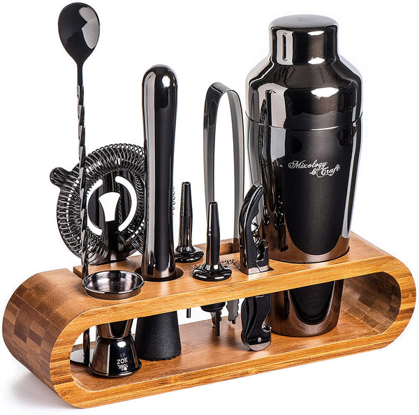 Black Stainless Steel Cocktail Shaker Set with Wood Stand - 15 Piece  Bartender Kit with Drink Shaker, Bar Spoon, Jigger, Muddler, Strainer,  Bottle