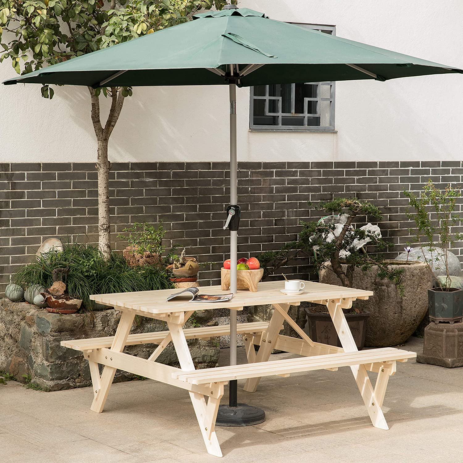 Natural Outdoor Wooden Patio Deck 6-Person Picnic Table, for Backyard, Garden - Eco Trade Company